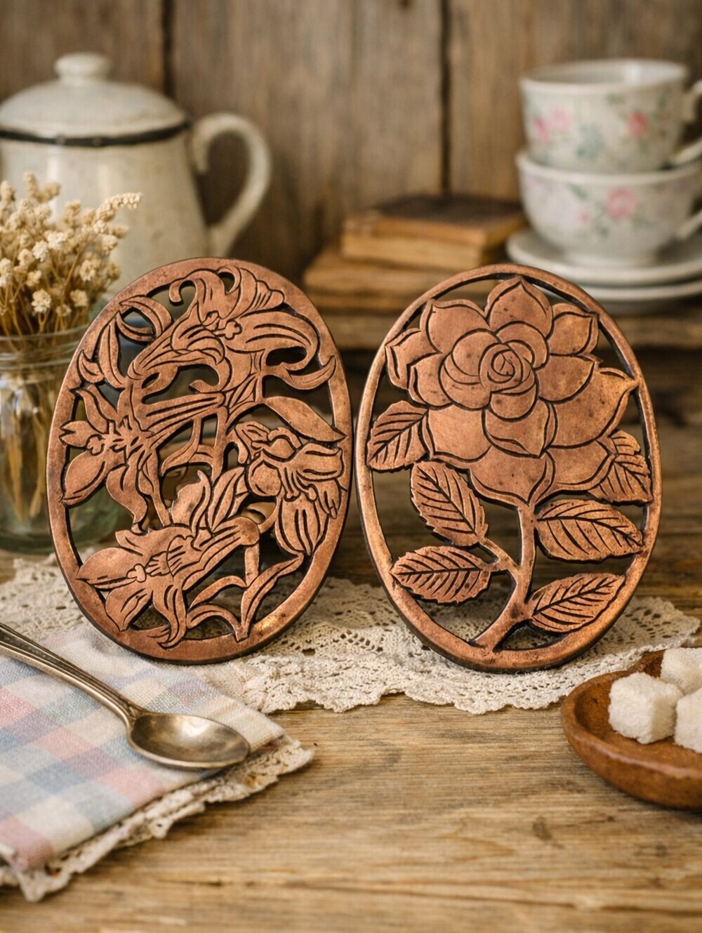 Vintage Old Dutch Design Floral Trivets (1985, Made in Taiwan)